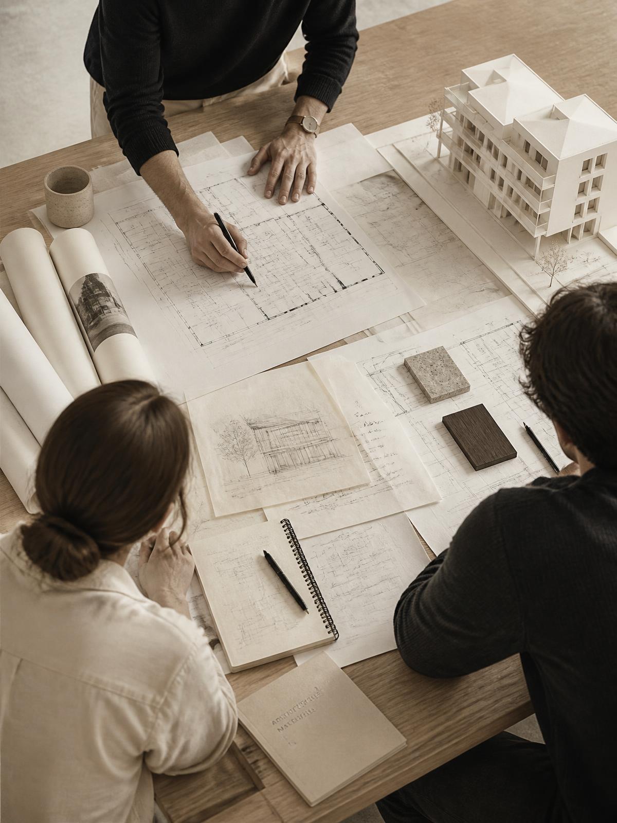 Team bei der Arbeit an architektonischen Plänen mit einem Gebäudemodell